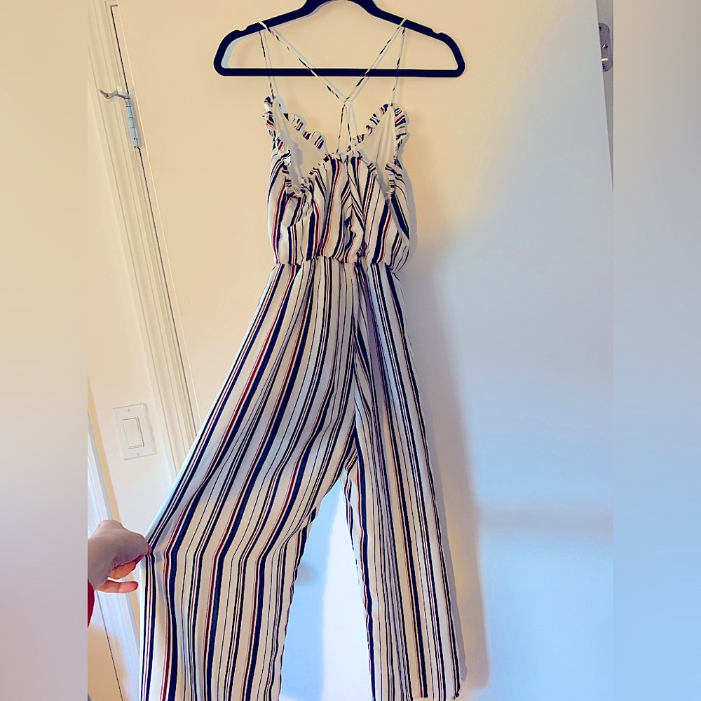 Strappy flowy red white and blue jumpsuit